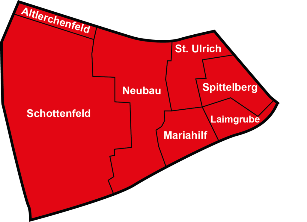 Die sieben Bezirksteile von Wien-Neubau sind Altlerchenfeld, Schottenfeld, Neubau, St. Ulrich, Spittelberg, Laimgrube und Mariahilf.