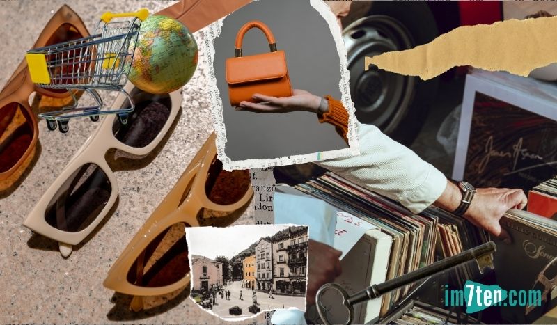 Collage mit Sonnenbrillen, Globus, Postkarte, Handtasche, Schallplatten und mehr Second-Hand-Fundstücken.